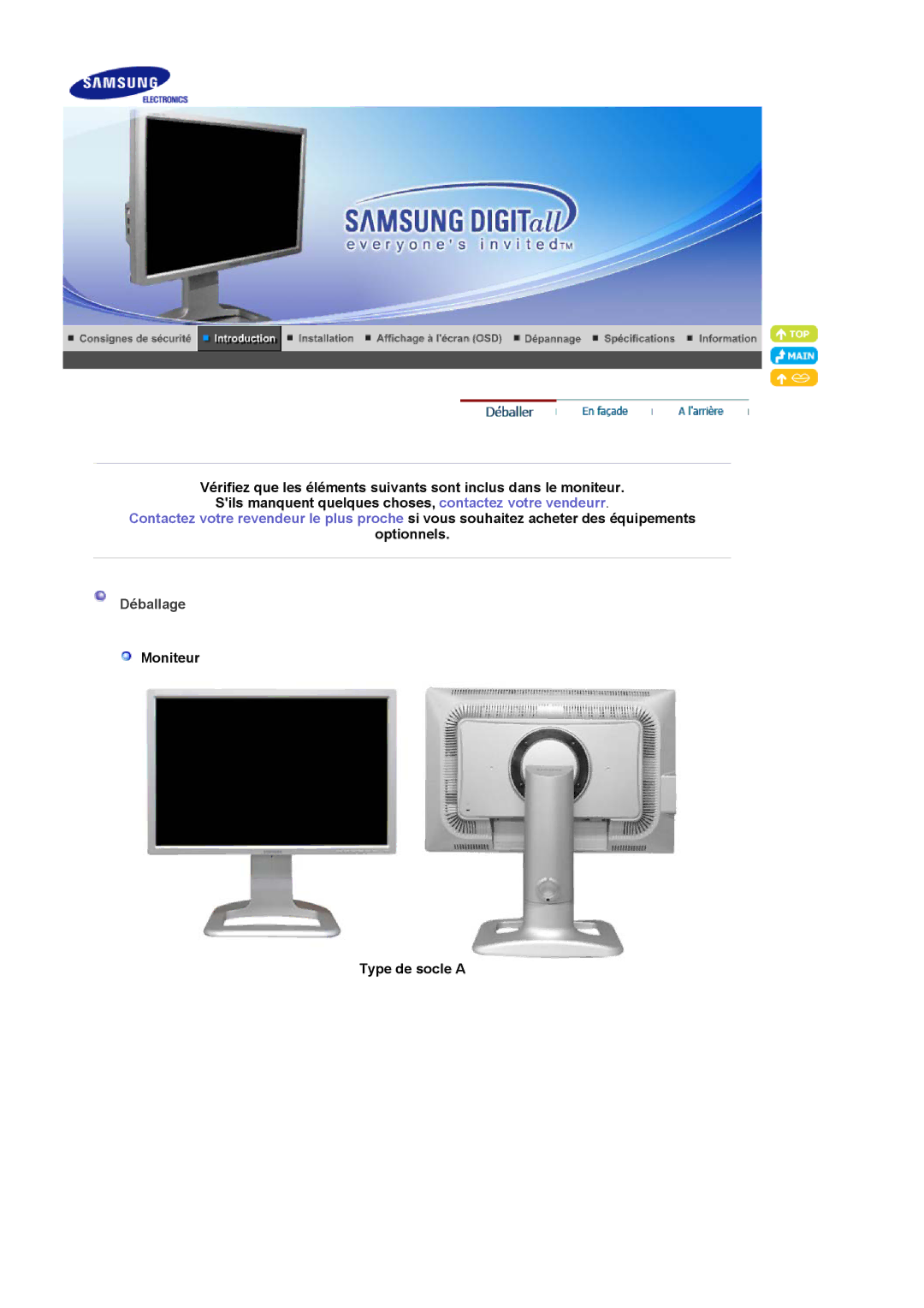 Samsung LS24BRBBS/EDC manual Optionnels, Déballage, Moniteur Type de socle a 