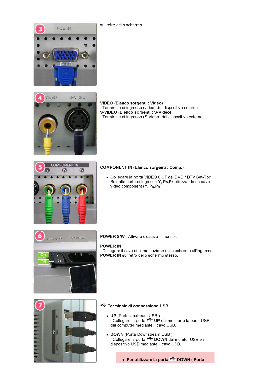 Samsung LS24BRBBS/EDC manual Video Elenco sorgenti Video, Video Elenco sorgenti S-Video, Component in Elenco sorgenti Comp 