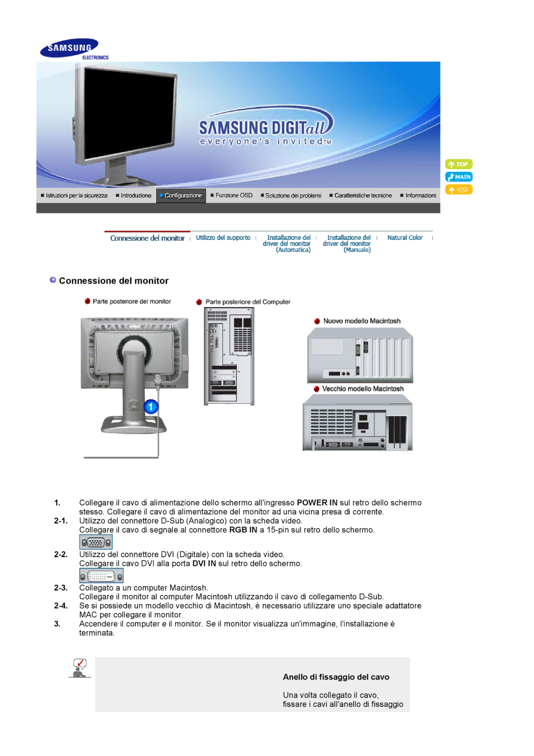 Samsung LS24BRBBS/EDC manual Connessione del monitor, Anello di fissaggio del cavo 