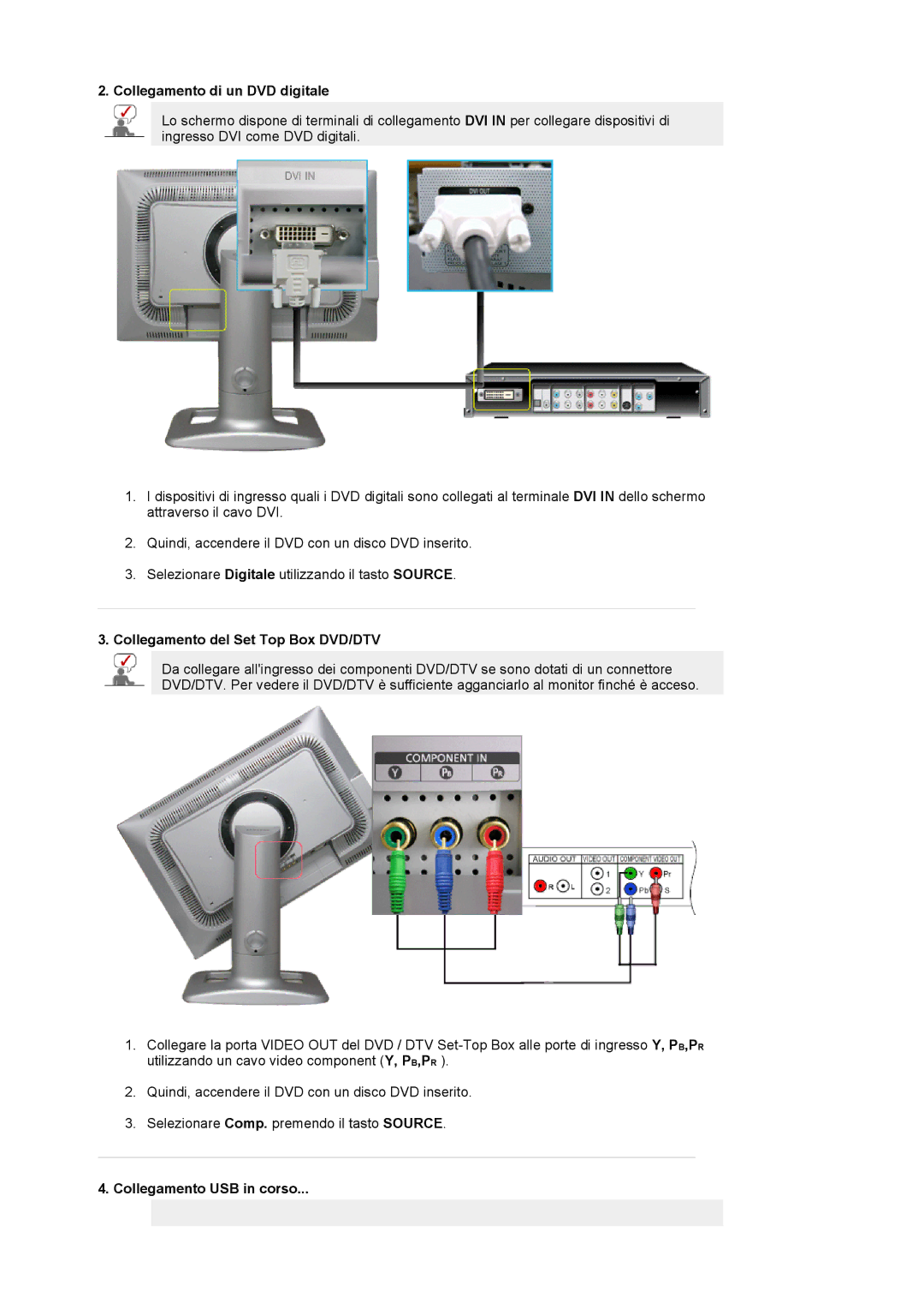 Samsung LS24BRBBS/EDC Collegamento di un DVD digitale, Collegamento del Set Top Box DVD/DTV, Collegamento USB in corso 