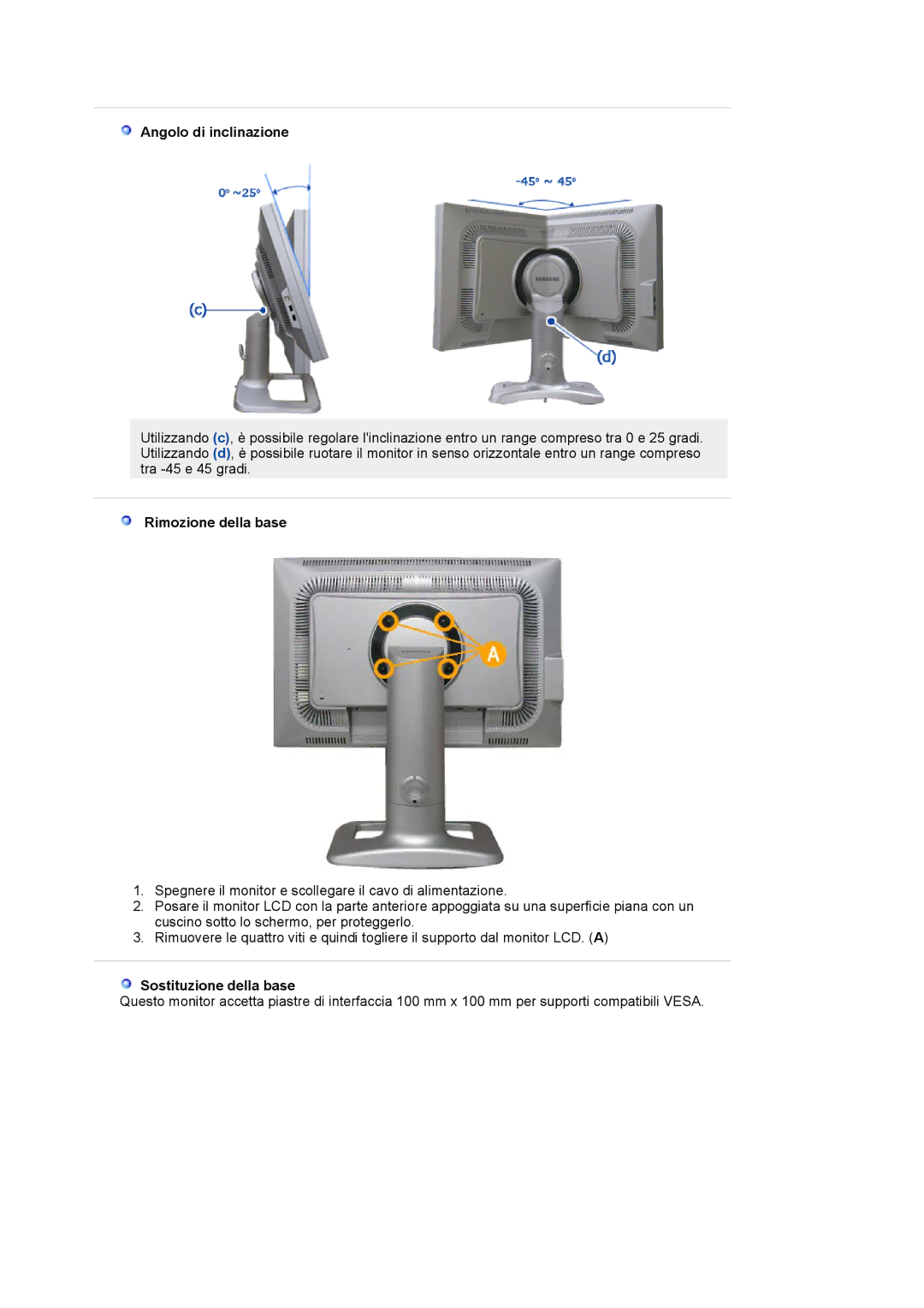 Samsung LS24BRBBS/EDC manual Rimozione della base, Sostituzione della base 