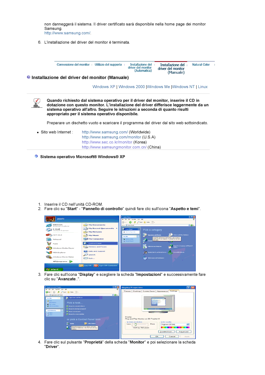 Samsung LS24BRBBS/EDC manual Installazione del driver del monitor Manuale, Sistema operativo Microsoft Windows XP 