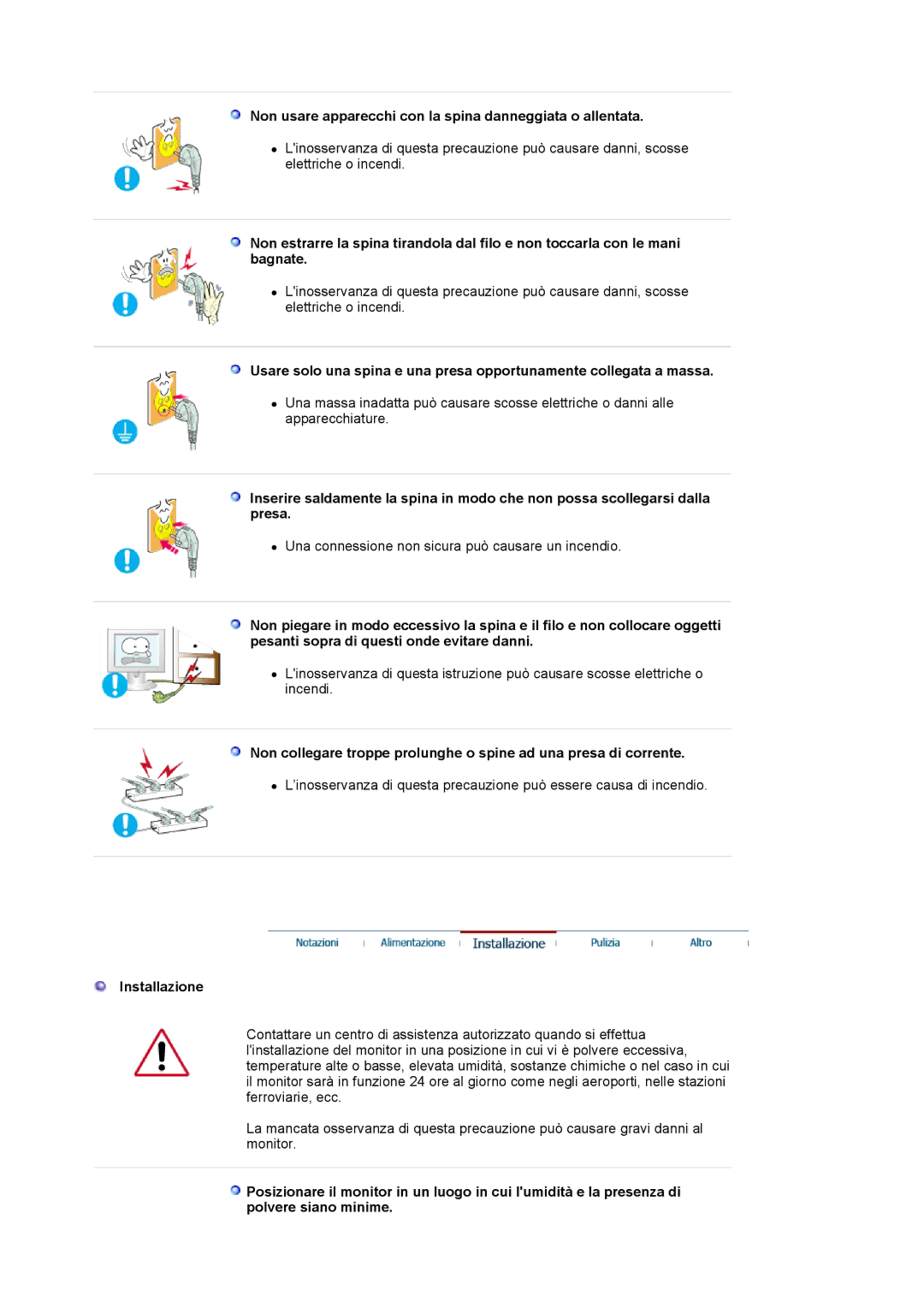 Samsung LS24BRBBS/EDC manual Non usare apparecchi con la spina danneggiata o allentata, Installazione 