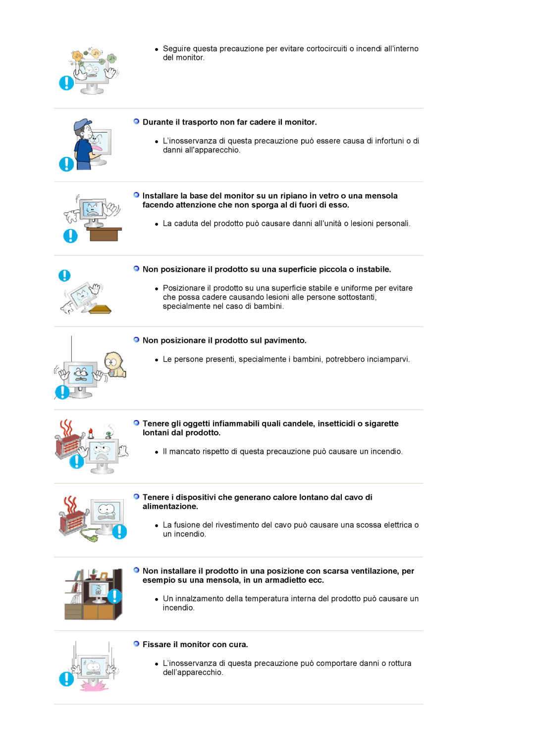 Samsung LS24BRBBS/EDC manual Durante il trasporto non far cadere il monitor, Non posizionare il prodotto sul pavimento 