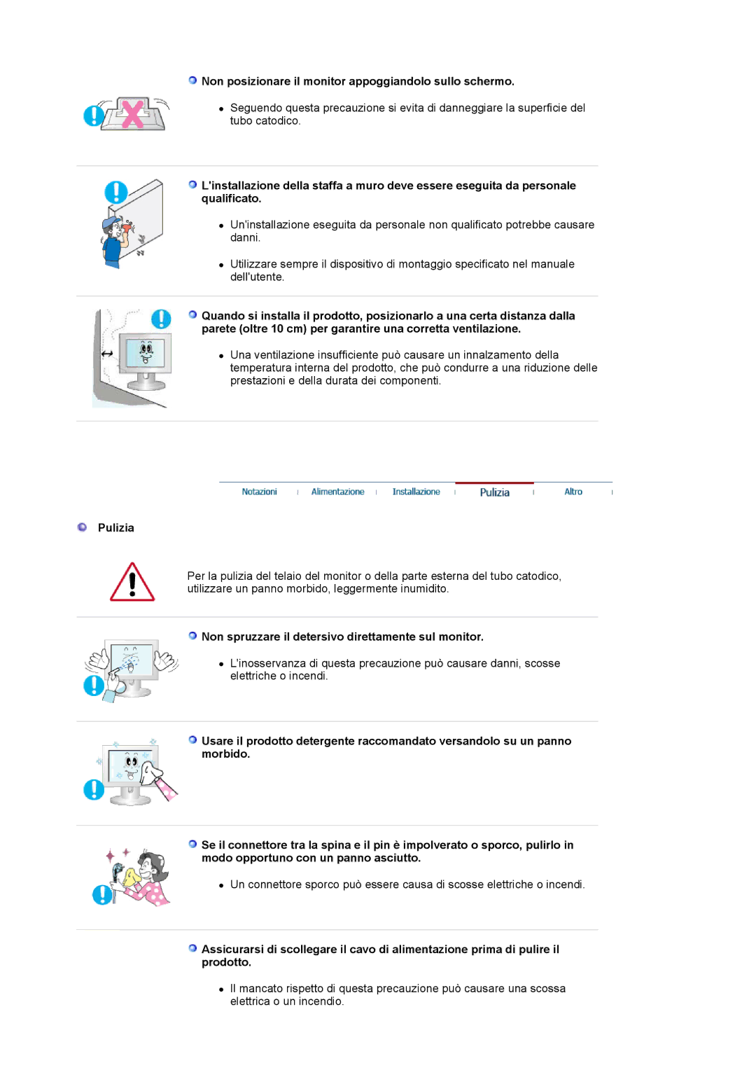 Samsung LS24BRBBS/EDC manual Non posizionare il monitor appoggiandolo sullo schermo, Pulizia 