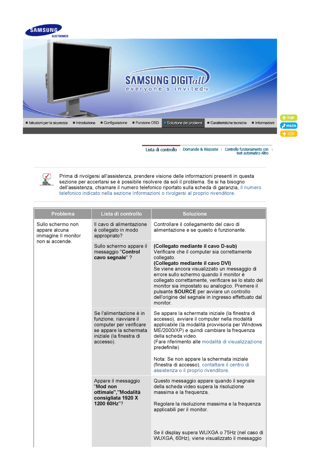 Samsung LS24BRBBS/EDC manual Problema Lista di controllo, Cavo segnale ?, Soluzione 