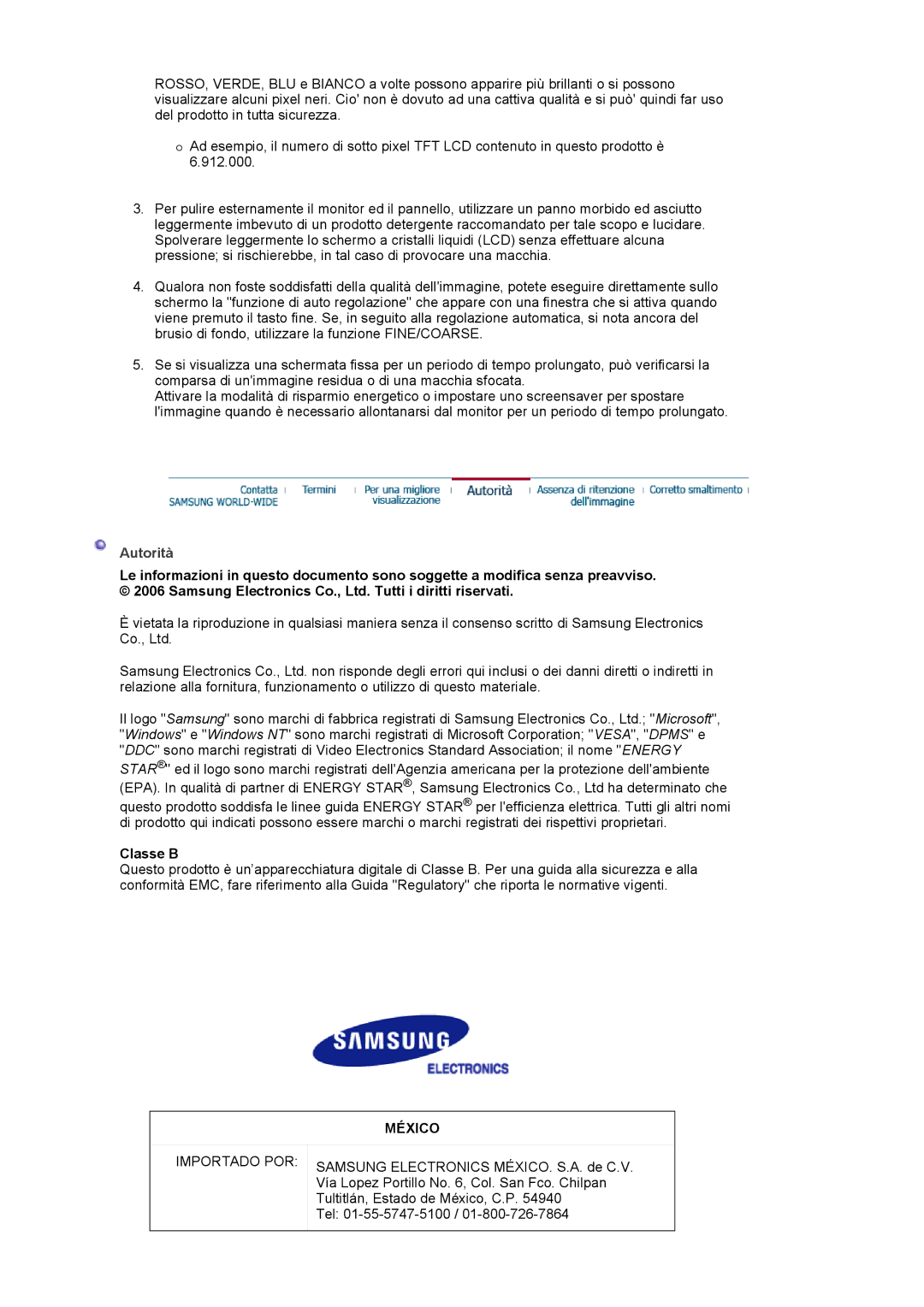 Samsung LS24BRBBS/EDC manual Autorità, Classe B 