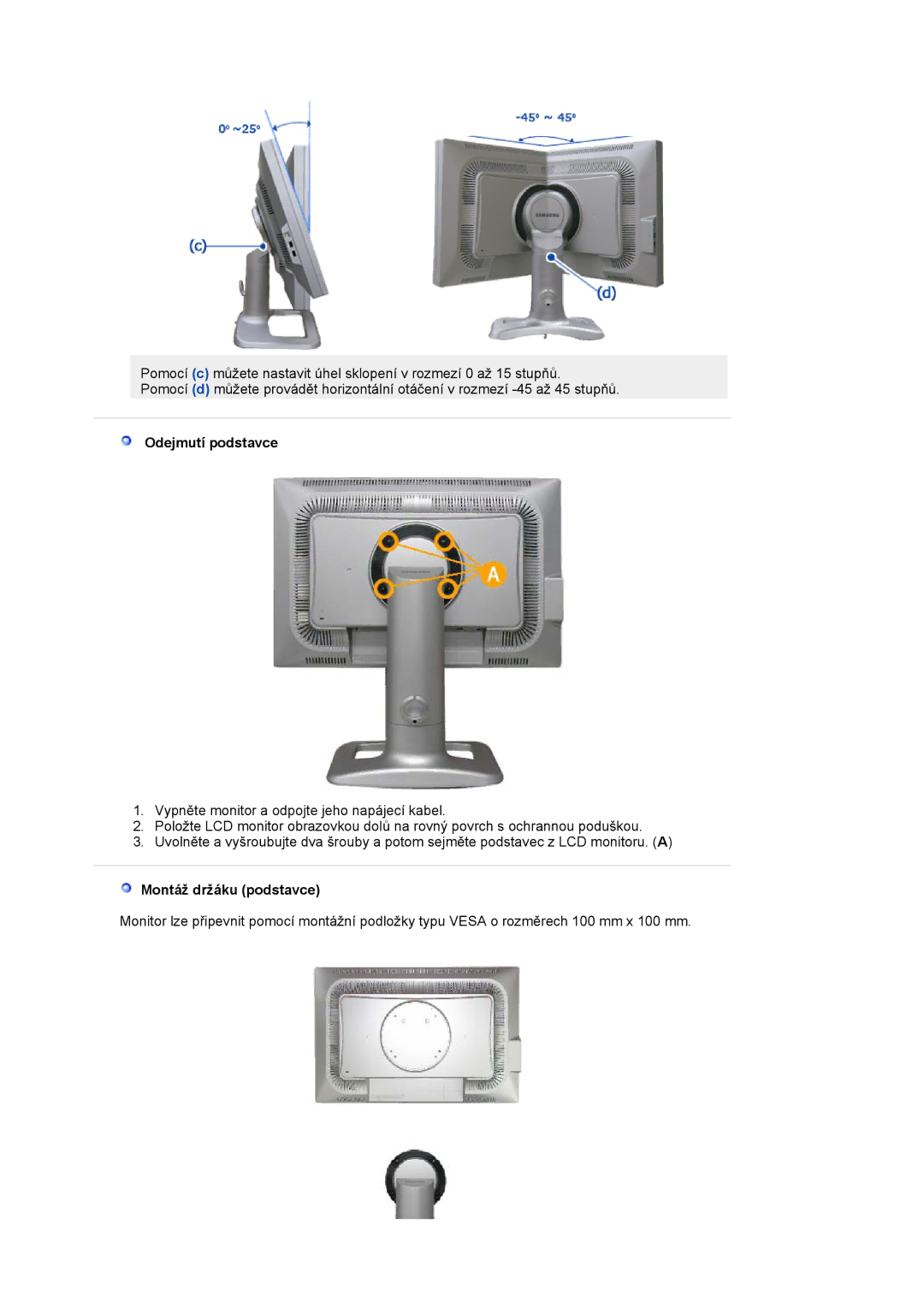 Samsung LS24BRBBS/EDC manual Odejmutí podstavce, Montáž držáku podstavce 