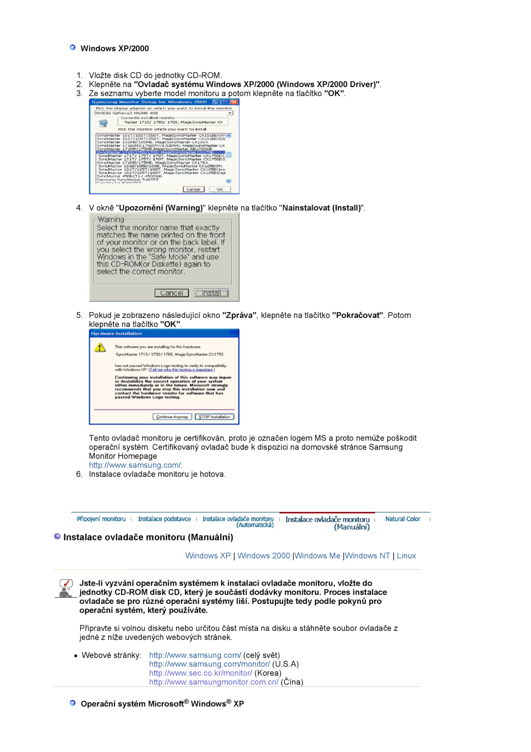 Samsung LS24BRBBS/EDC manual Windows XP/2000, Operační systém Microsoft Windows XP 