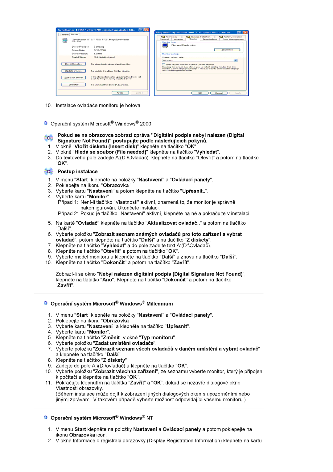 Samsung LS24BRBBS/EDC manual Postup instalace, Operační systém Microsoft Windows NT 