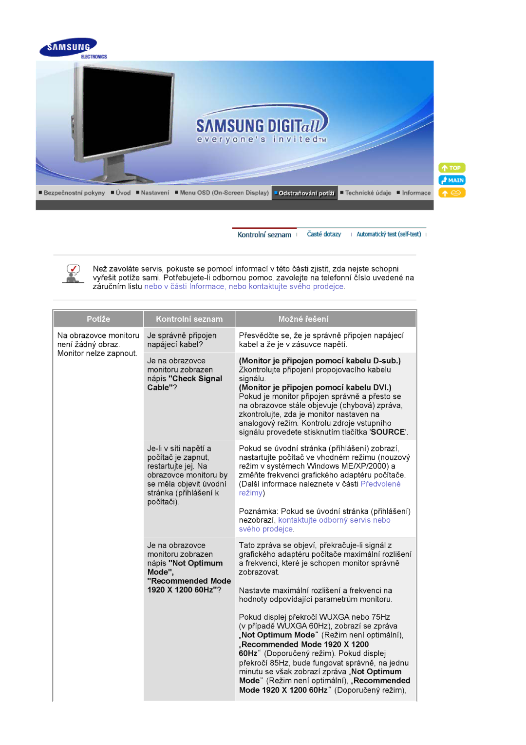 Samsung LS24BRBBS/EDC manual Potíže Kontrolní seznam, Nápis Check Signal, Cable?, Mode, Recommended Mode 1920 X 1200 60Hz? 