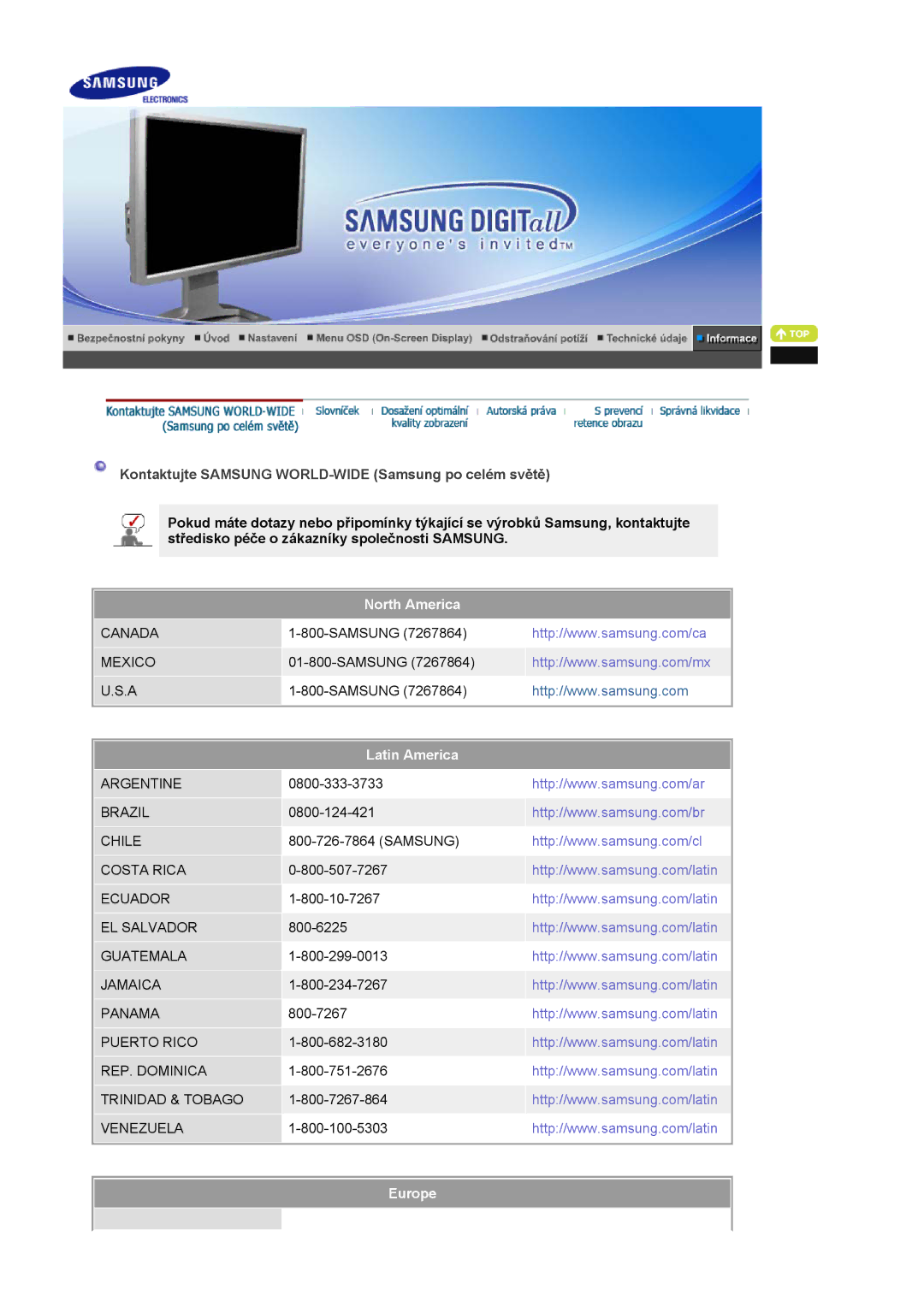 Samsung LS24BRBBS/EDC manual Kontaktujte Samsung WORLD-WIDE Samsung po celém světě, North America, Latin America, Europe 