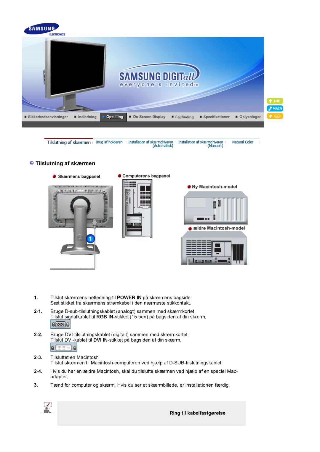 Samsung LS24BRBBS/EDC manual Tilslutning af skærmen, Ring til kabelfastgørelse 