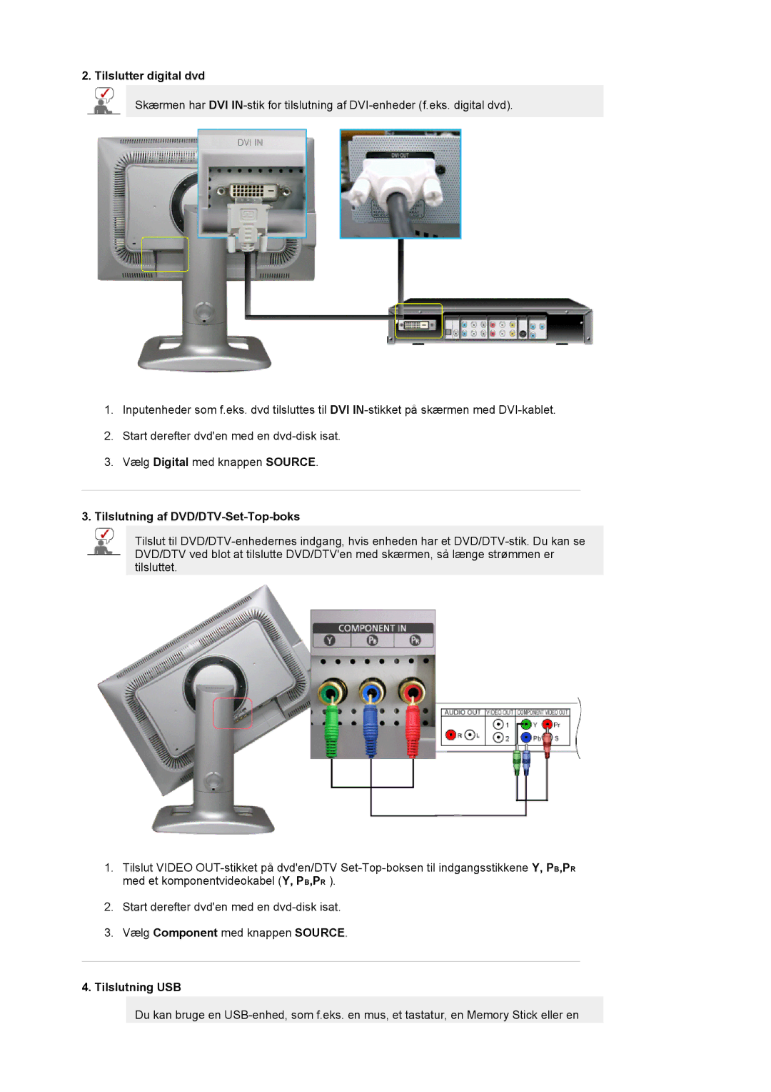 Samsung LS24BRBBS/EDC manual Tilslutter digital dvd, Tilslutning af DVD/DTV-Set-Top-boks, Tilslutning USB 