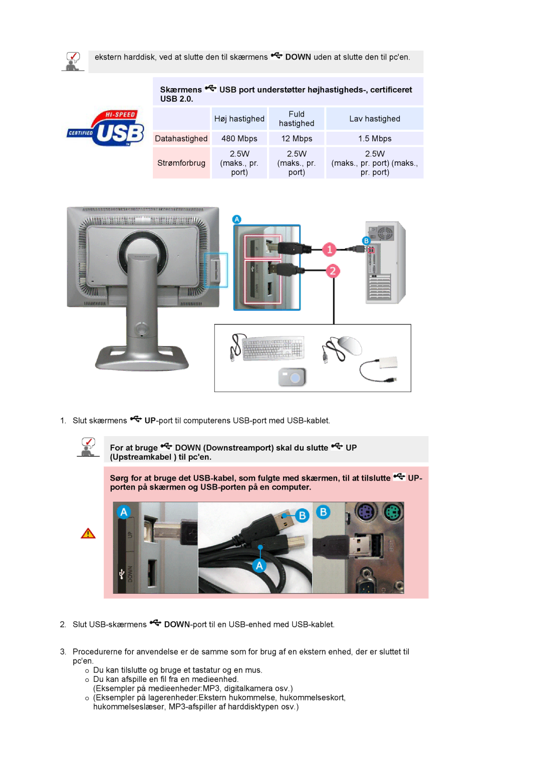 Samsung LS24BRBBS/EDC manual Skærmens USB port understøtter højhastigheds-, certificeret 