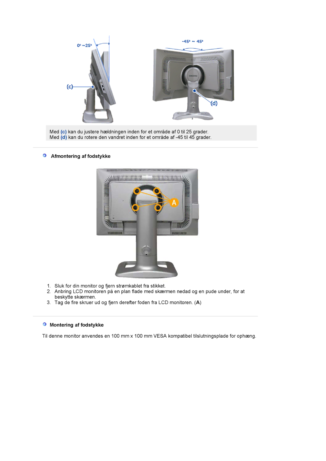 Samsung LS24BRBBS/EDC manual Afmontering af fodstykke, Montering af fodstykke 