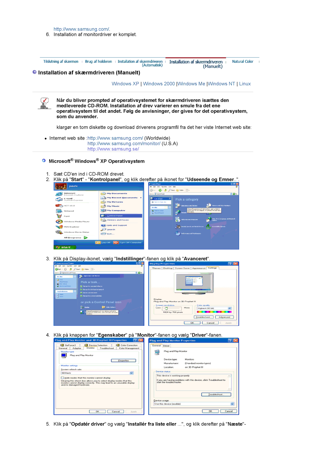 Samsung LS24BRBBS/EDC manual Installation af skærmdriveren Manuelt, Microsoft Windows XP Operativsystem 