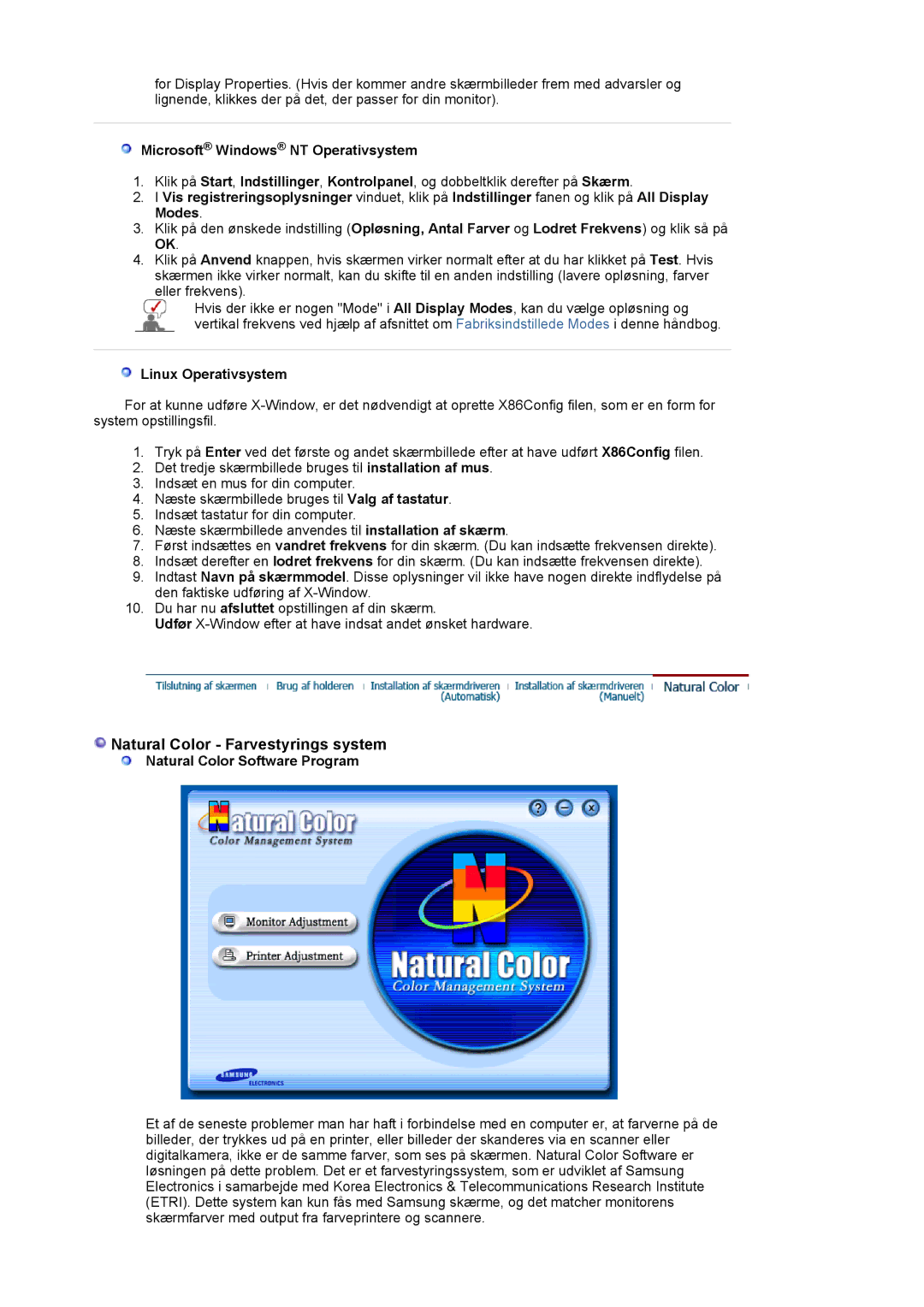 Samsung LS24BRBBS/EDC manual Microsoft Windows NT Operativsystem, Linux Operativsystem, Natural Color Software Program 