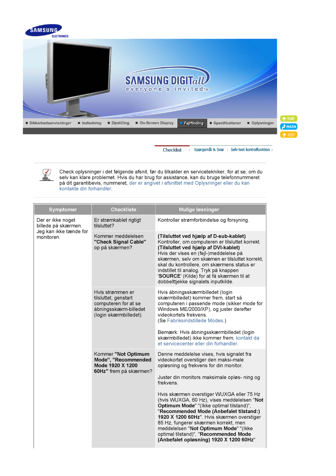 Samsung LS24BRBBS/EDC manual Symptomer Checkliste Mulige løsninger 