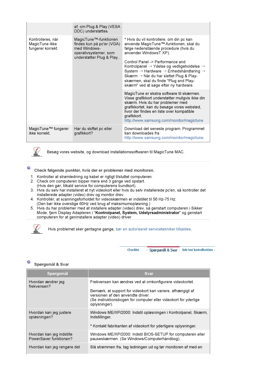 Samsung LS24BRBBS/EDC manual Check følgende punkter, hvis der er problemer med monitoren, Spørgsmål & Svar, Spørgsmål Svar 