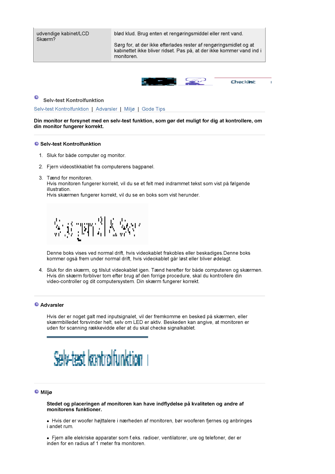 Samsung LS24BRBBS/EDC manual Selv-test Kontrolfunktion, Advarsler 