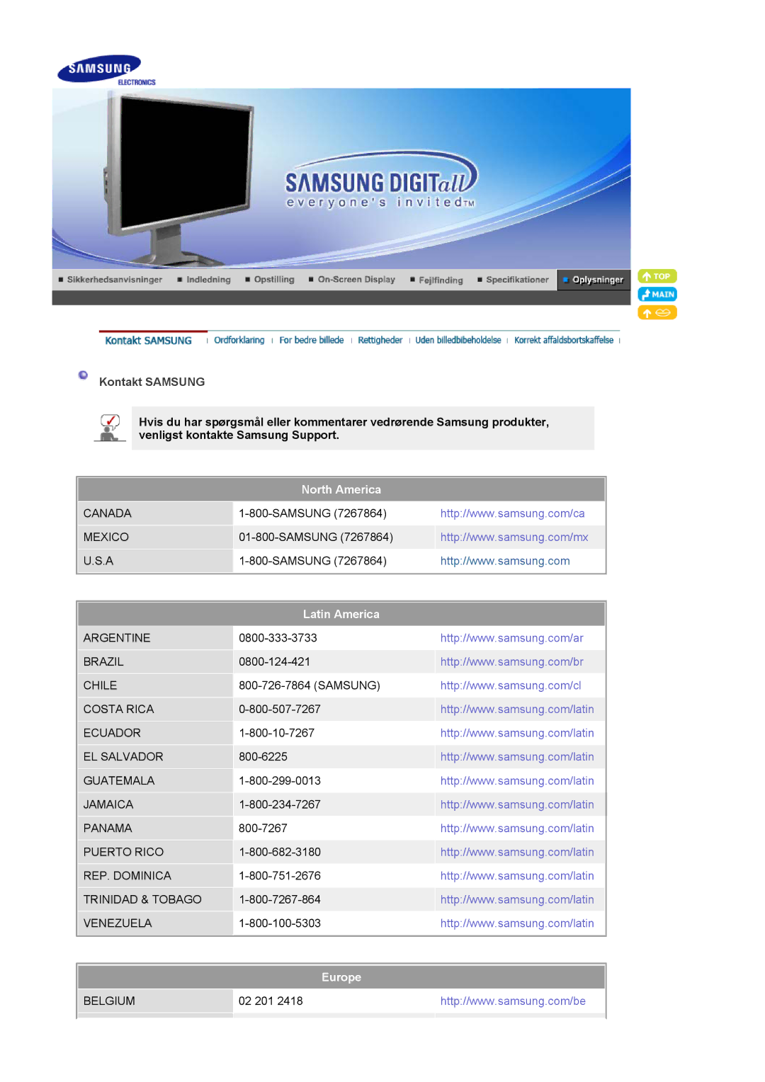 Samsung LS24BRBBS/EDC manual Kontakt Samsung, North America, Latin America, Europe 