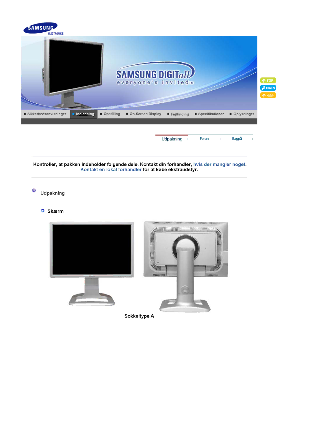 Samsung LS24BRBBS/EDC manual Udpakning, Skærm Sokkeltype a 