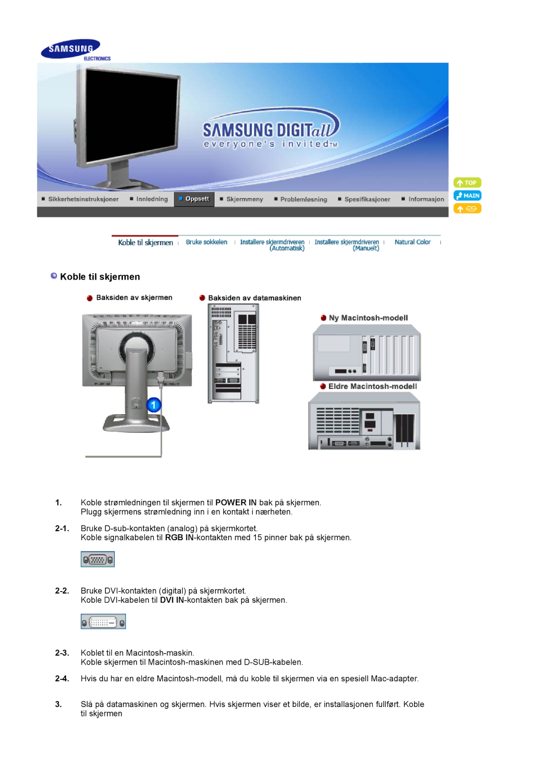 Samsung LS24BRBBS/EDC manual Koble til skjermen 