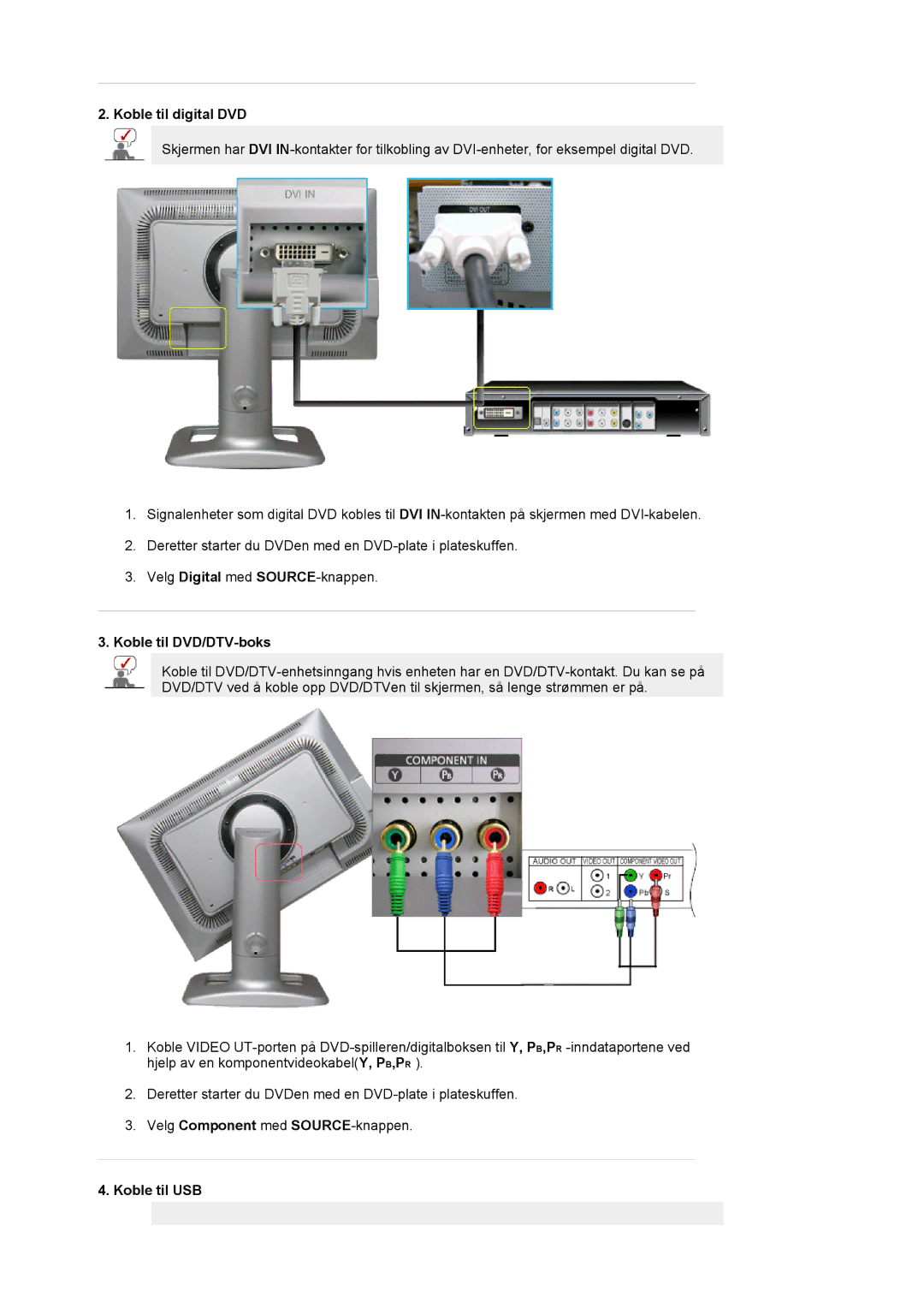 Samsung LS24BRBBS/EDC manual Koble til digital DVD, Koble til DVD/DTV-boks, Koble til USB 