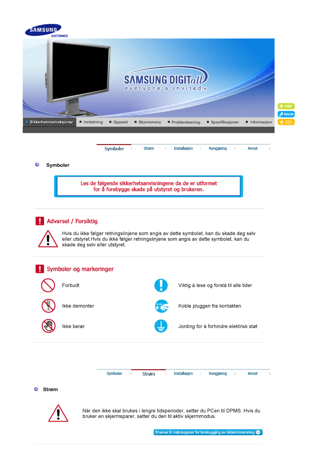 Samsung LS24BRBBS/EDC manual Symboler, Strøm 