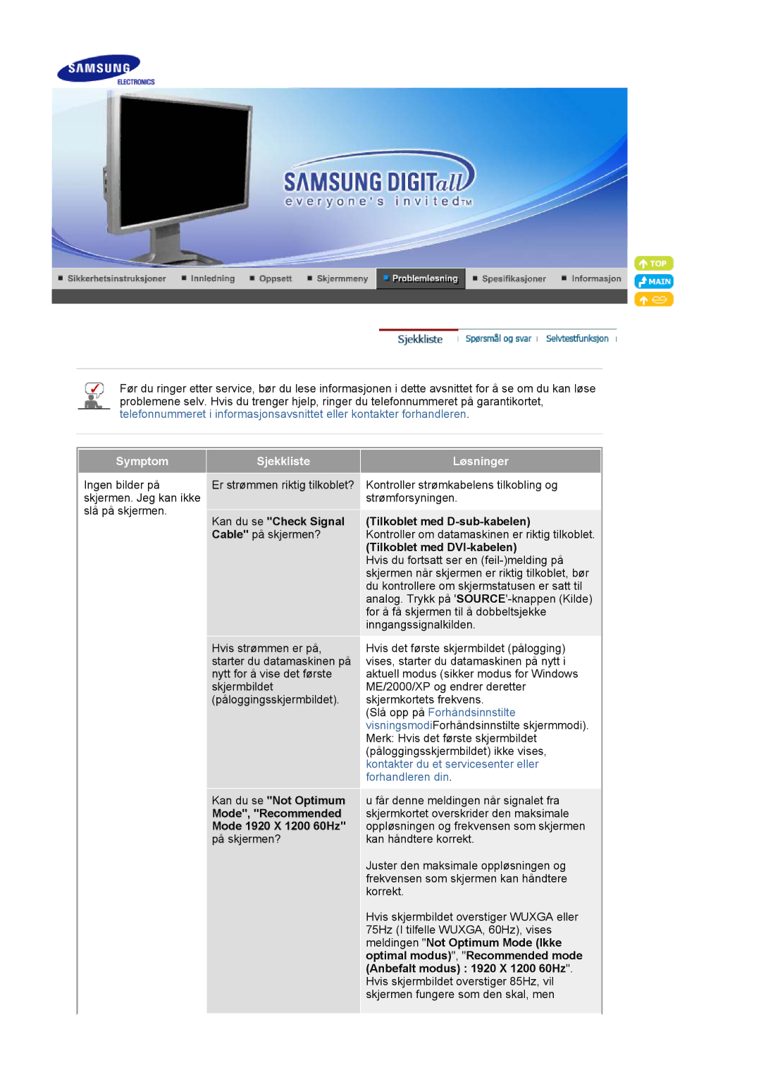 Samsung LS24BRBBS/EDC Symptom Sjekkliste Løsninger, Kan du se Check Signal Cable på skjermen?, Tilkoblet med D-sub-kabelen 