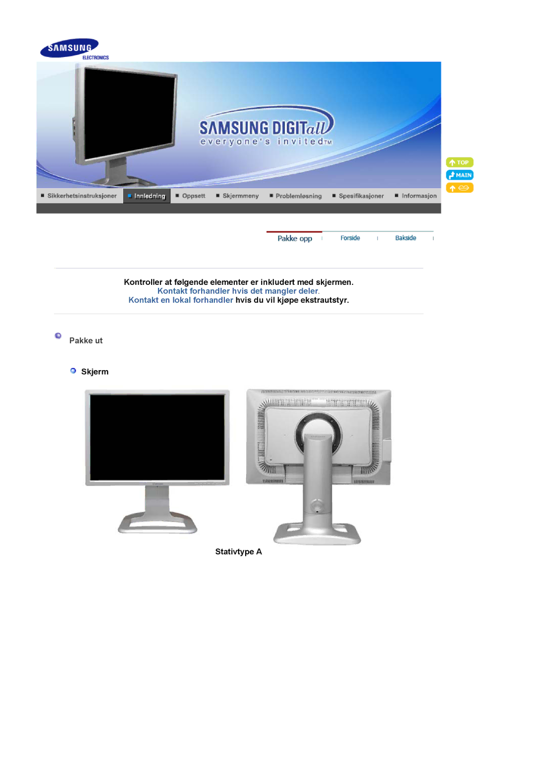 Samsung LS24BRBBS/EDC manual Kontroller at følgende elementer er inkludert med skjermen, Pakke ut, Skjerm Stativtype a 