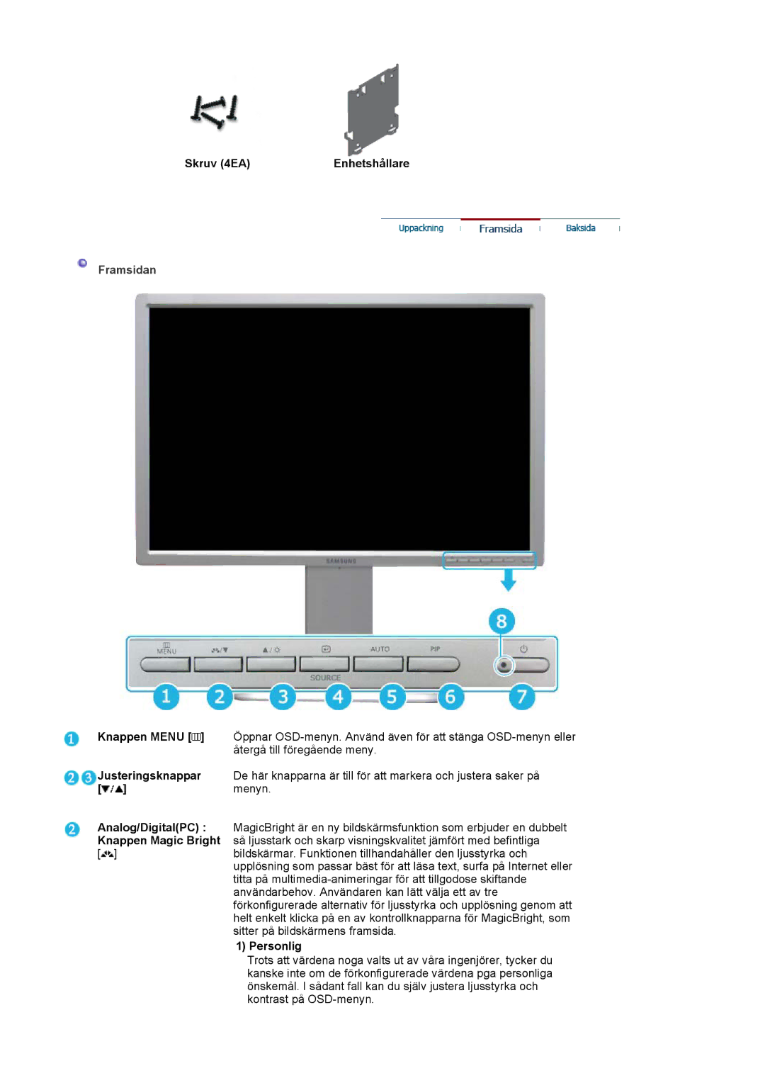 Samsung LS24BRBBS/EDC Skruv 4EA Enhetshållare, Knappen Menu, Justeringsknappar, Analog/DigitalPC, Knappen Magic Bright 