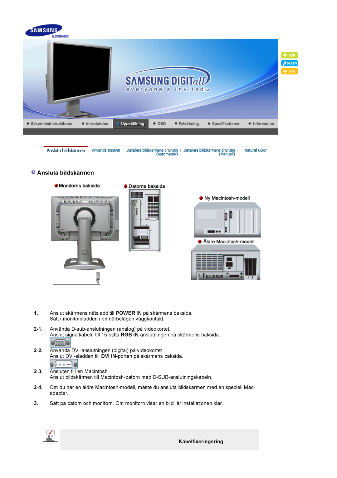 Samsung LS24BRBBS/EDC manual Ansluta bildskärmen, Kabelfixeringsring 