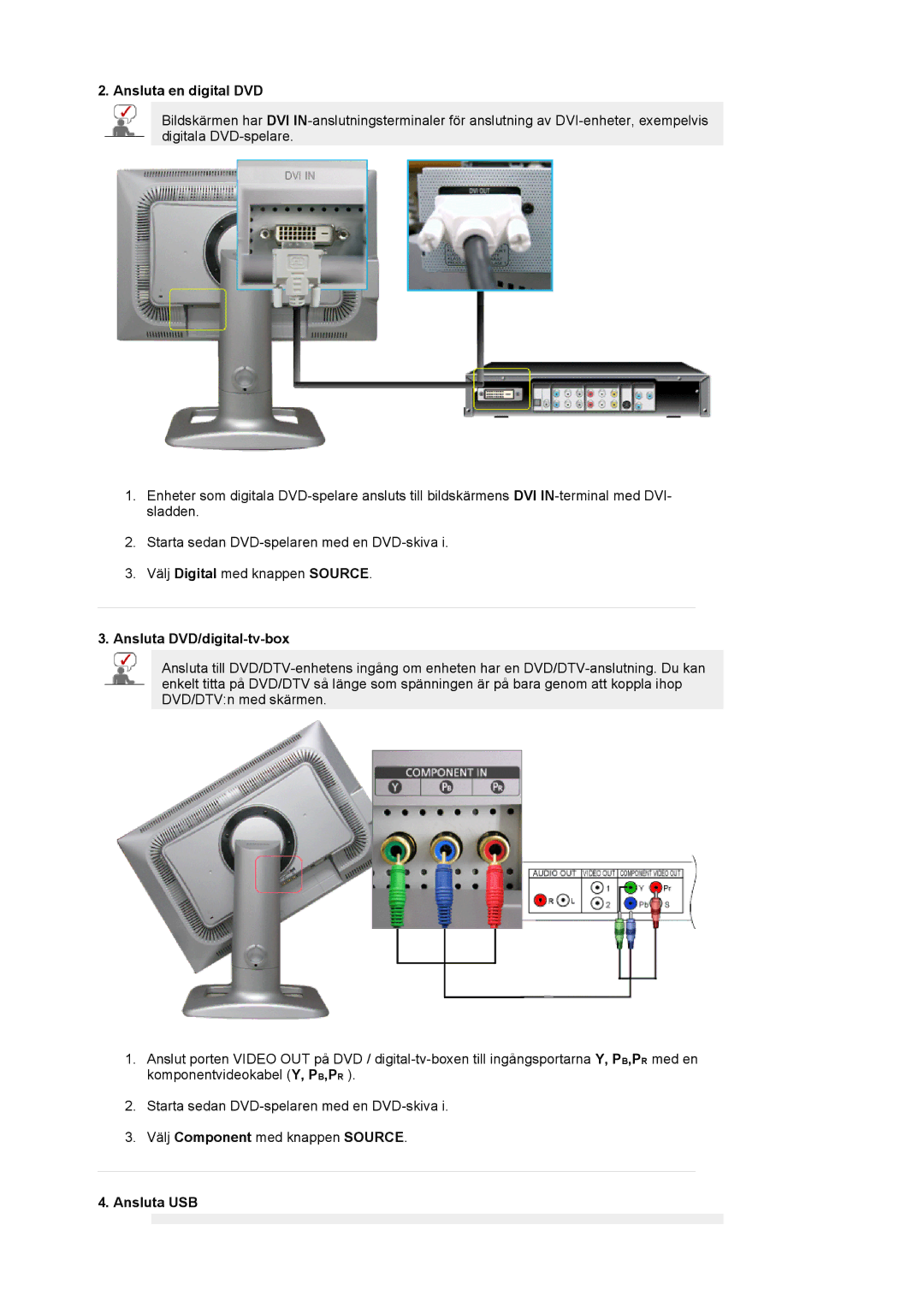 Samsung LS24BRBBS/EDC manual Ansluta en digital DVD, Ansluta DVD/digital-tv-box, Ansluta USB 