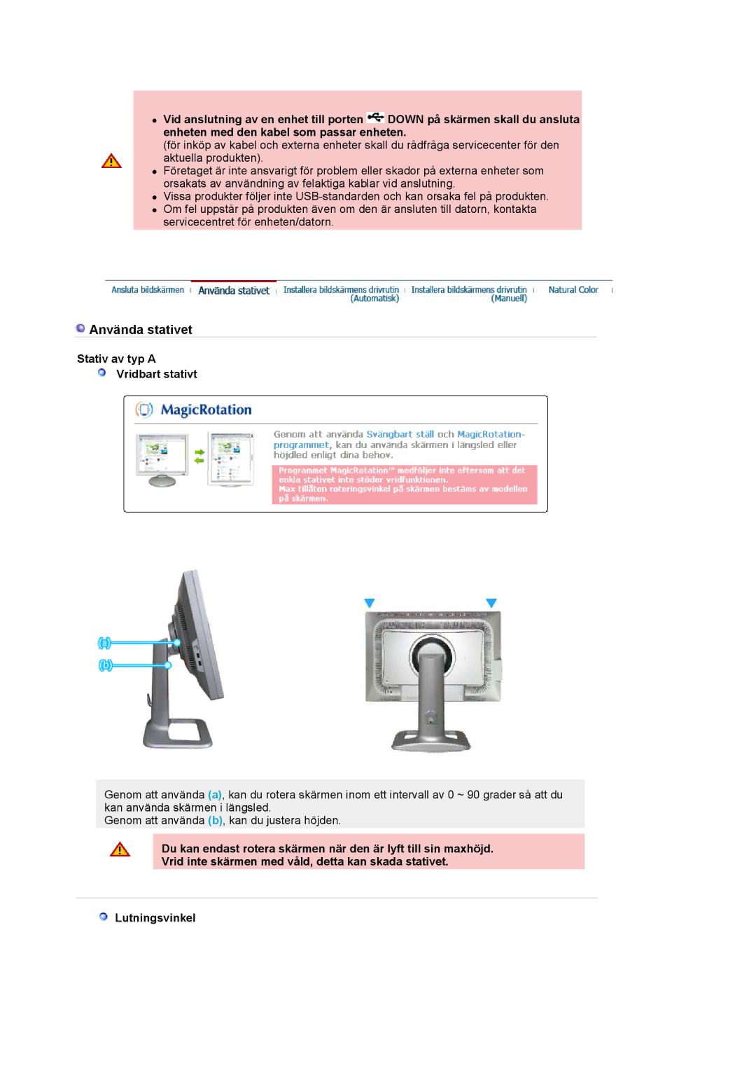 Samsung LS24BRBBS/EDC manual Använda stativet, Stativ av typ a Vridbart stativt 