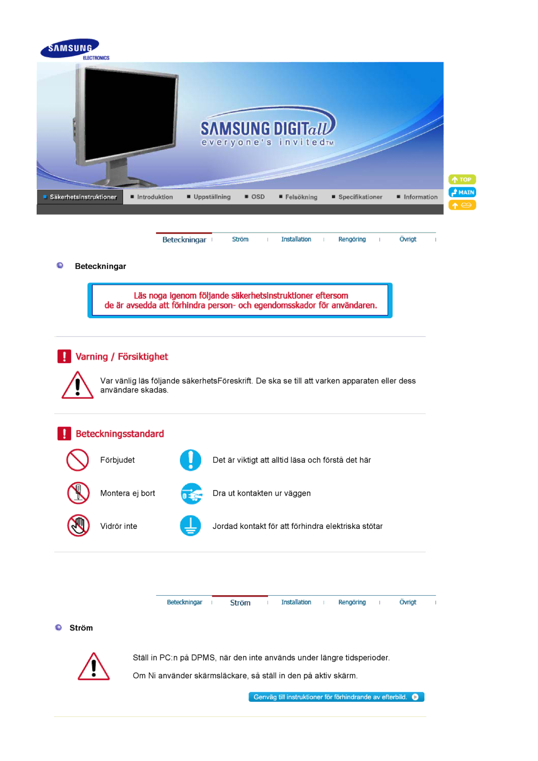 Samsung LS24BRBBS/EDC manual Beteckningar, Ström 