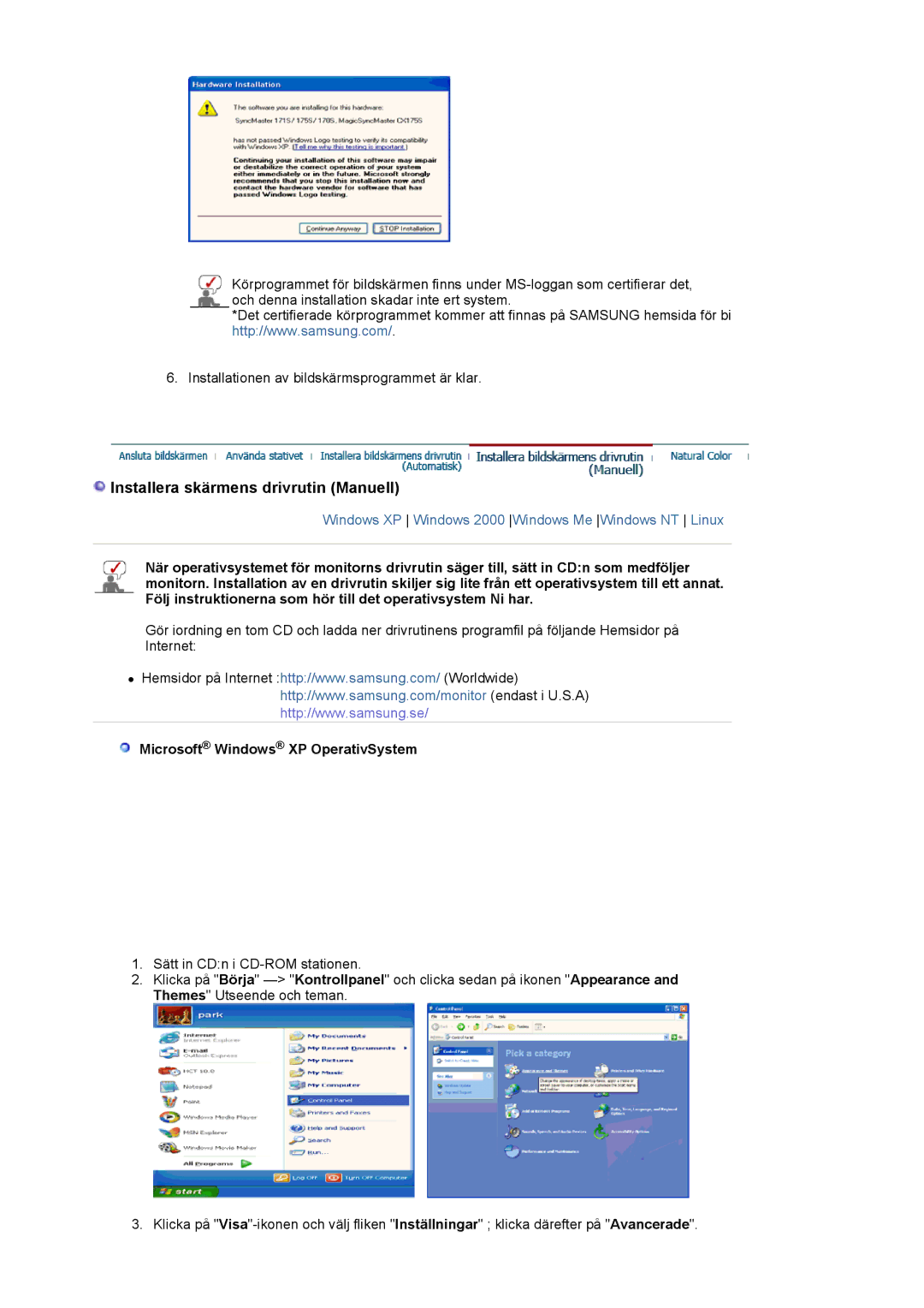 Samsung LS24BRBBS/EDC manual Installera skärmens drivrutin Manuell, Microsoft Windows XP OperativSystem 