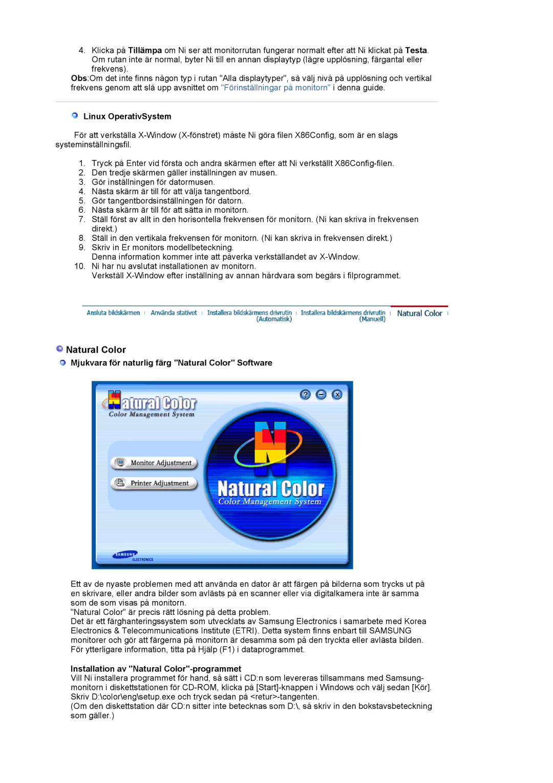 Samsung LS24BRBBS/EDC manual Linux OperativSystem, Mjukvara för naturlig färg Natural Color Software 