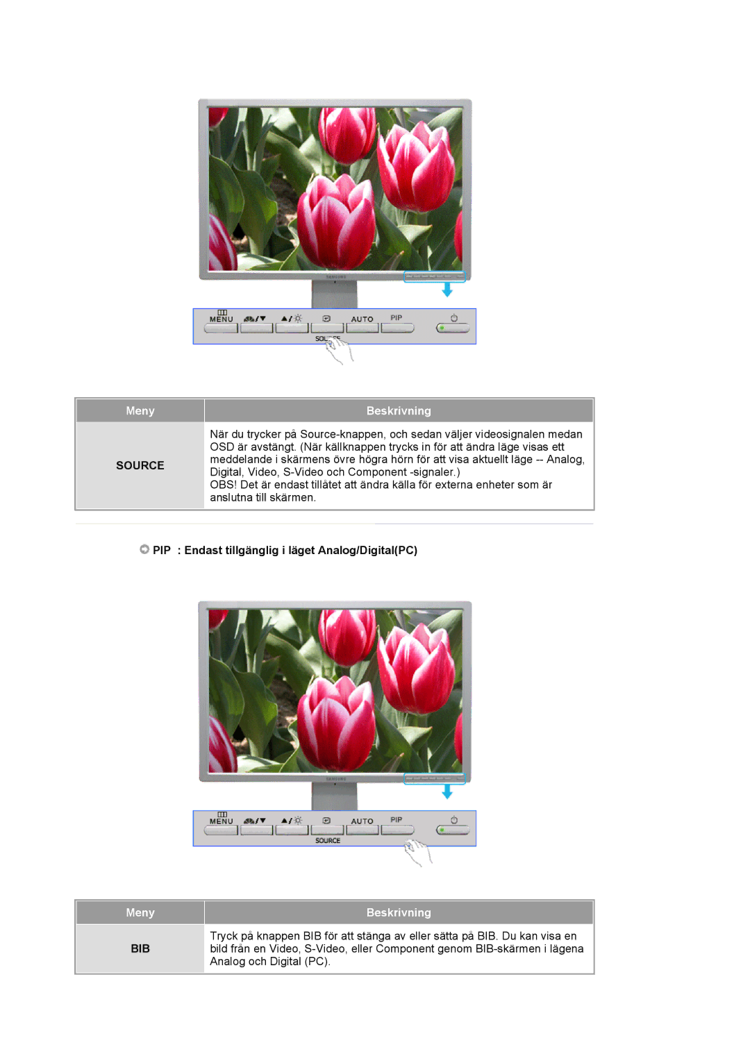 Samsung LS24BRBBS/EDC manual Source, PIP Endast tillgänglig i läget Analog/DigitalPC 