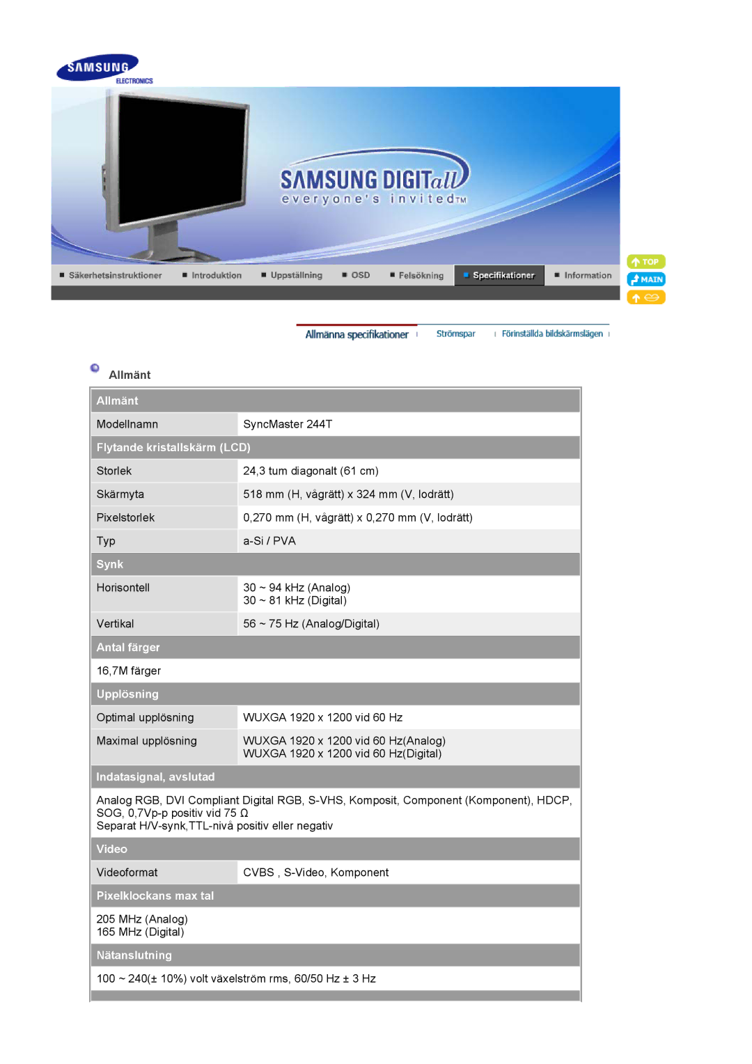 Samsung LS24BRBBS/EDC Allmänt, Flytande kristallskärm LCD, Synk, Antal färger, Upplösning, Indatasignal, avslutad, Video 