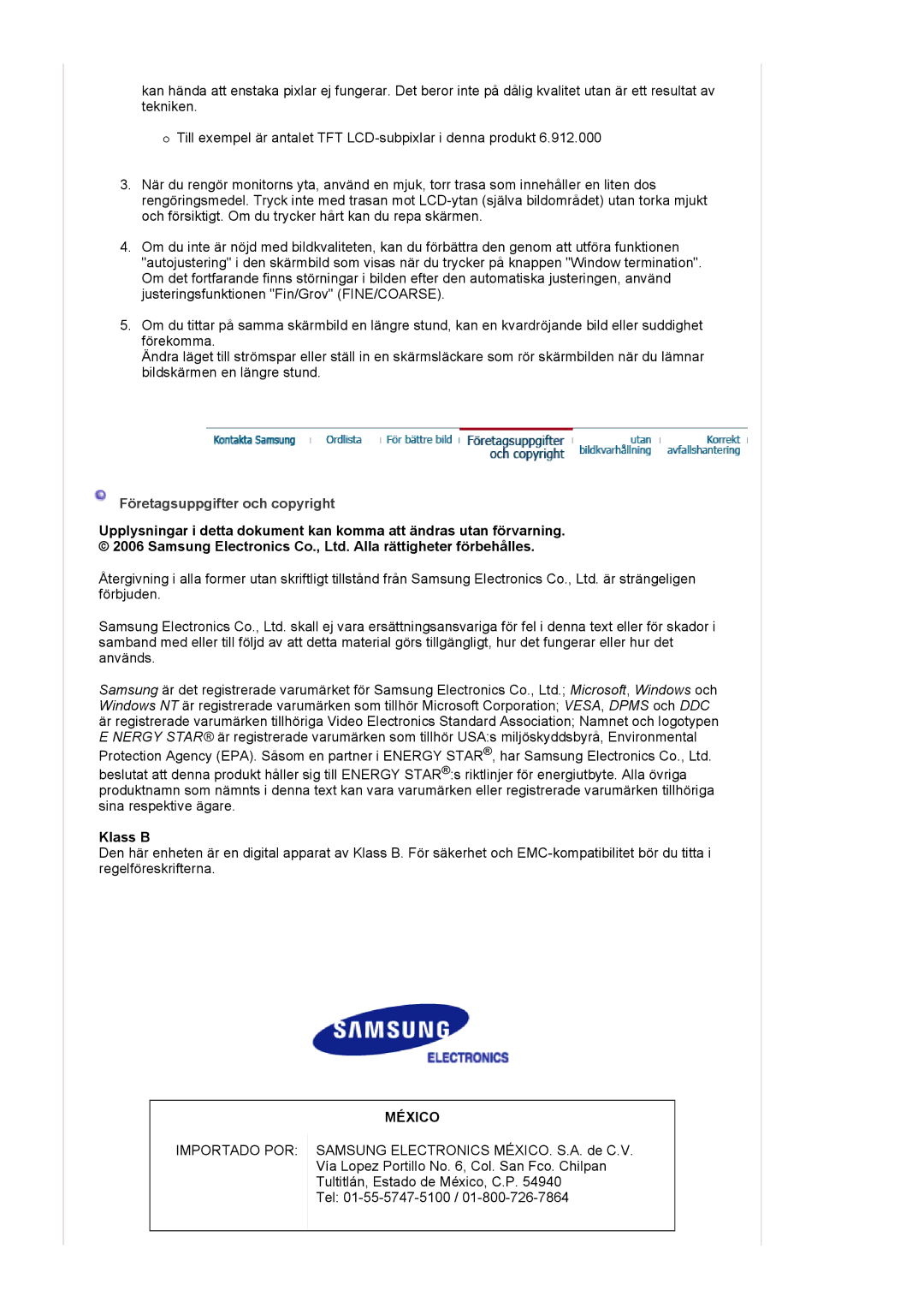 Samsung LS24BRBBS/EDC manual Företagsuppgifter och copyright, Klass B 