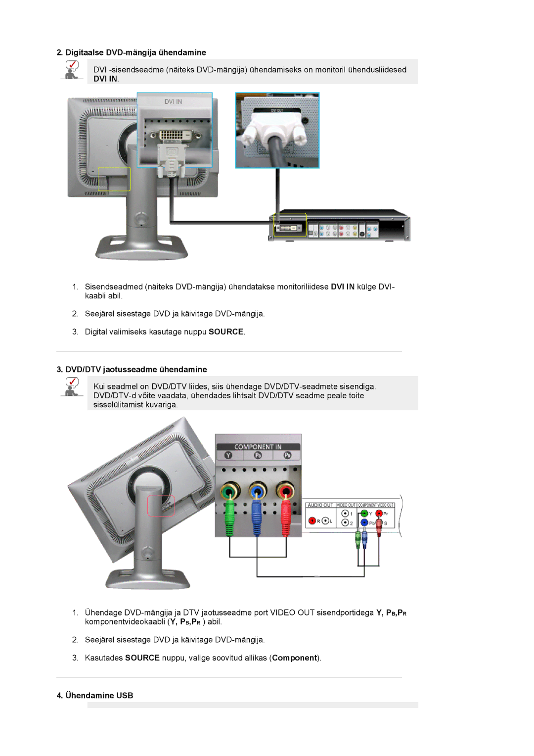 Samsung LS24BRBBS/EDC manual Digitaalse DVD-mängija ühendamine, DVD/DTV jaotusseadme ühendamine, Ühendamine USB 