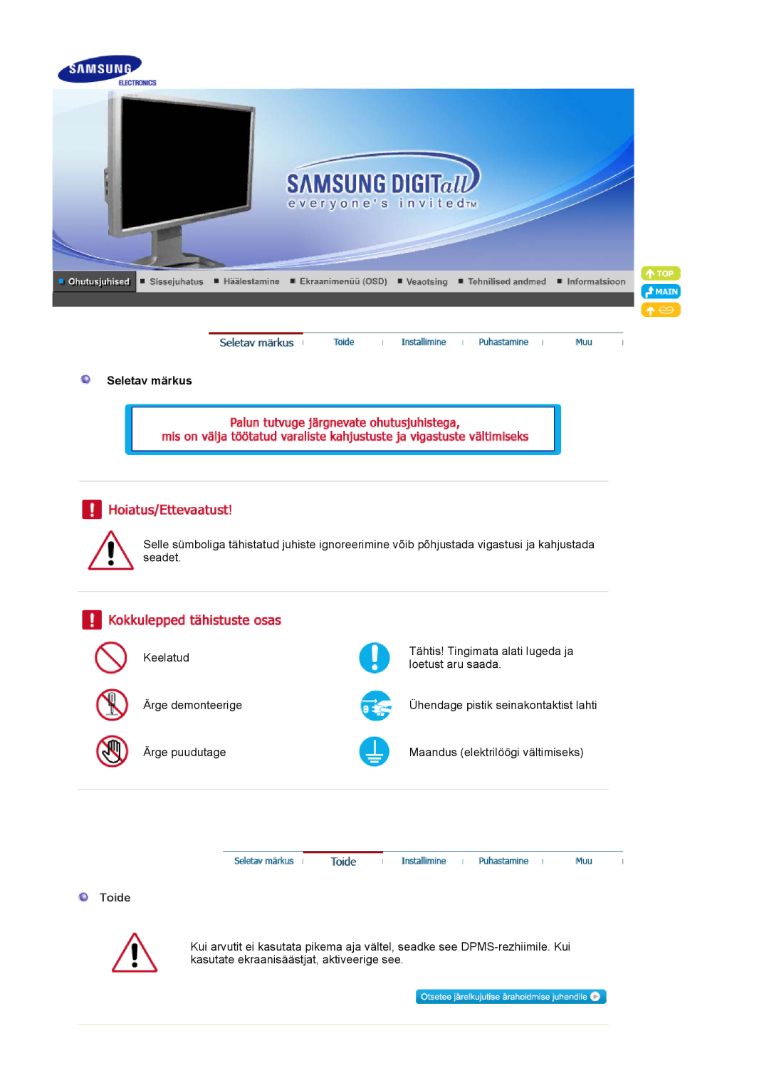 Samsung LS24BRBBS/EDC manual Seletav märkus, Toide 