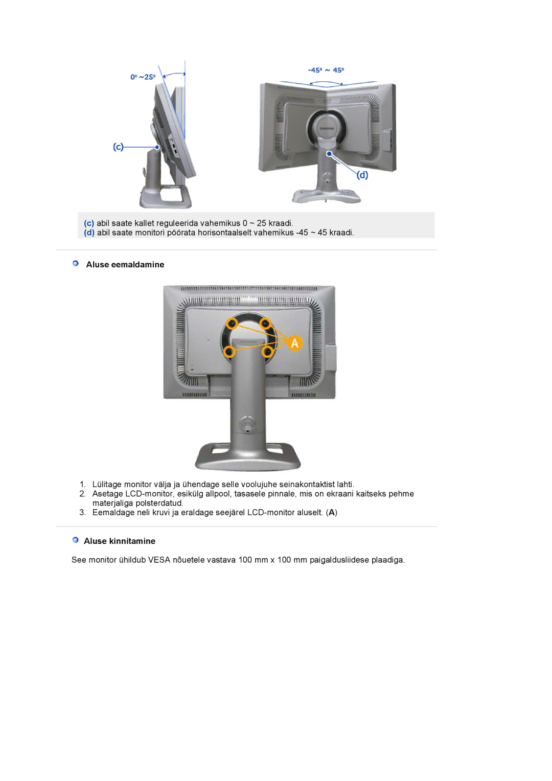 Samsung LS24BRBBS/EDC manual Aluse eemaldamine, Aluse kinnitamine 