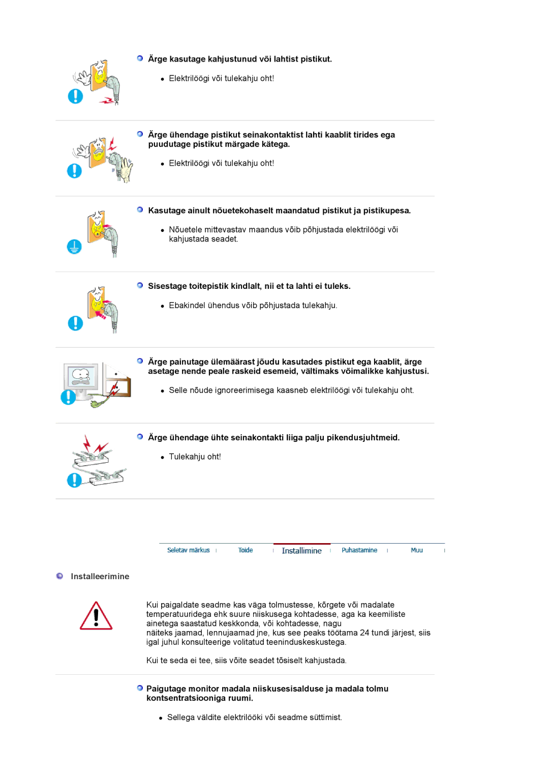 Samsung LS24BRBBS/EDC manual Ärge kasutage kahjustunud või lahtist pistikut, Installeerimine 