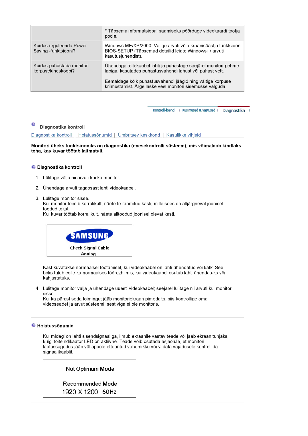 Samsung LS24BRBBS/EDC manual Diagnostika kontroll, Hoiatussõnumid 