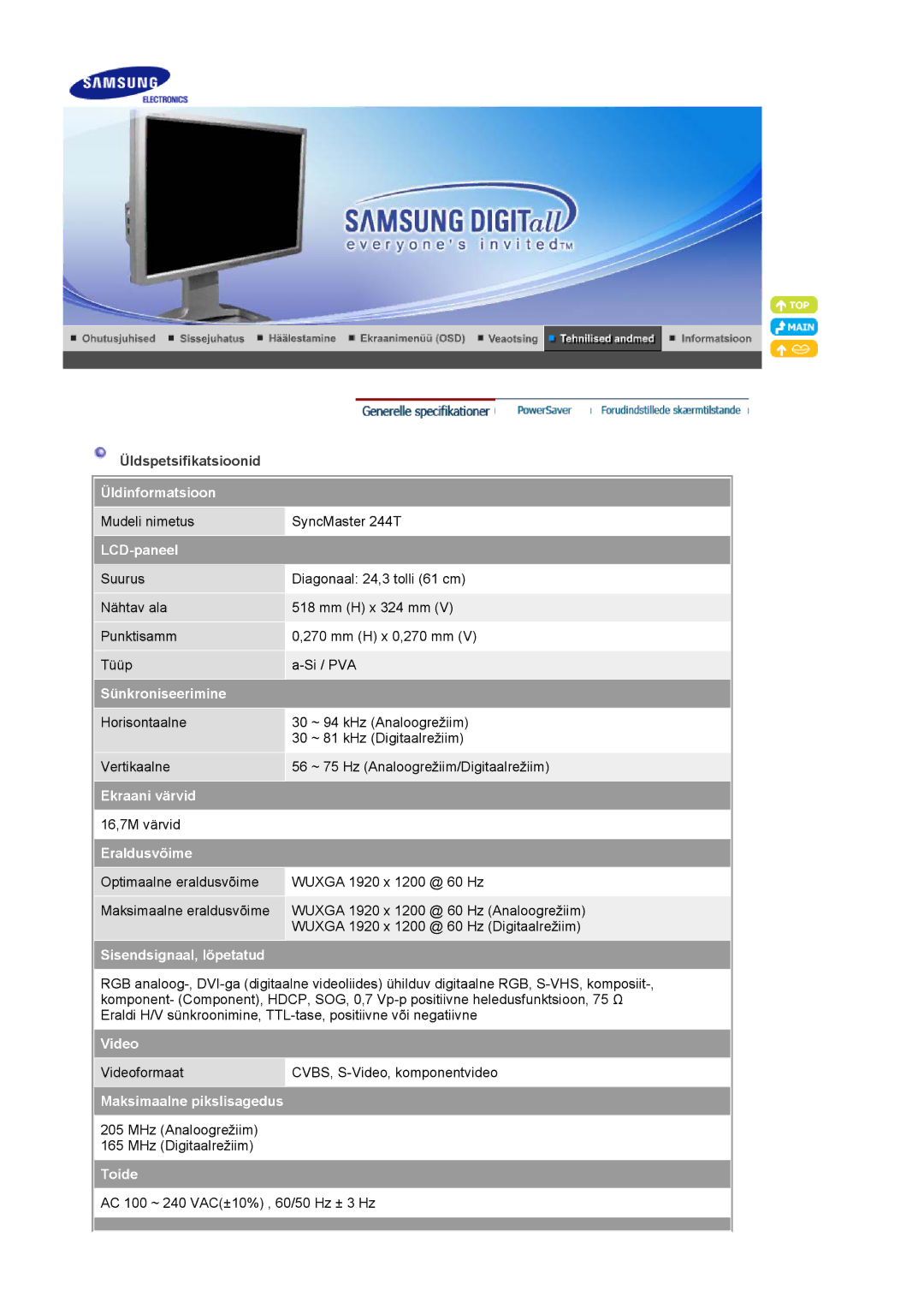 Samsung LS24BRBBS/EDC manual Üldinformatsioon, LCD-paneel, Sünkroniseerimine, Ekraani värvid, Eraldusvõime, Video, Toide 