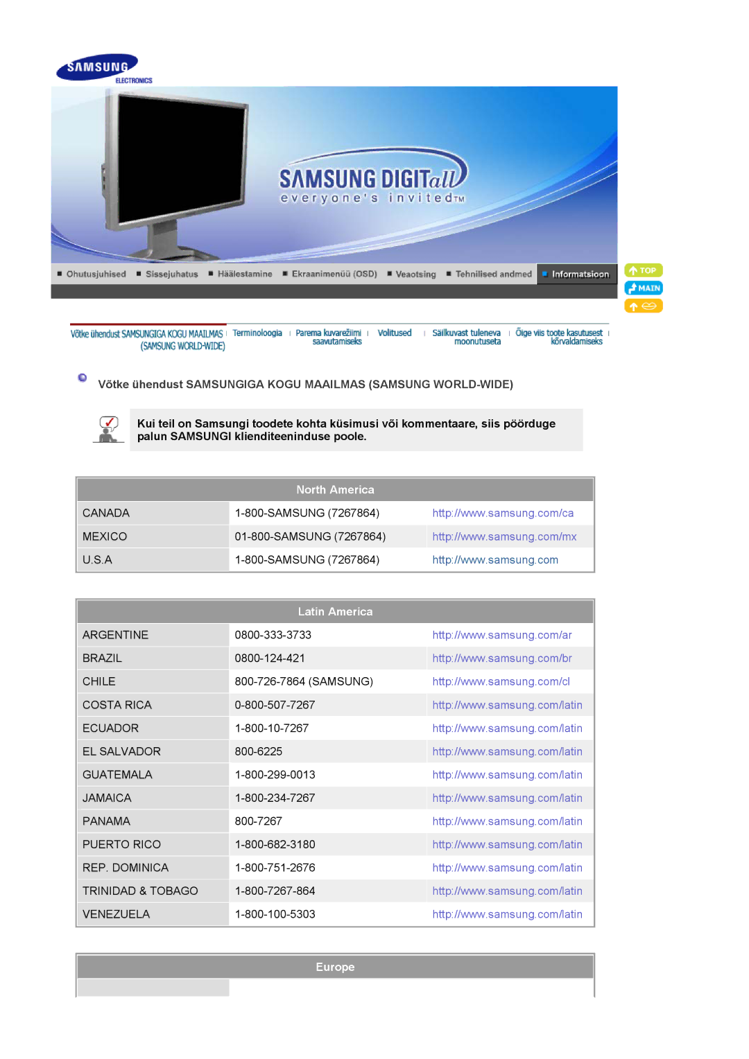 Samsung LS24BRBBS/EDC Võtke ühendust Samsungiga Kogu Maailmas Samsung WORLD-WIDE, North America, Latin America, Europe 