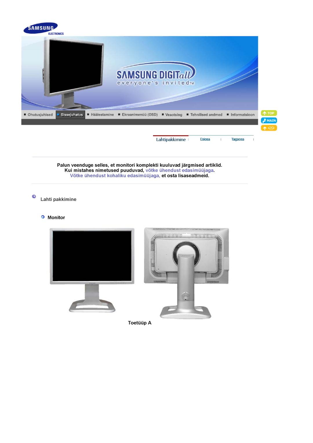 Samsung LS24BRBBS/EDC manual Lahti pakkimine, Monitor Toetüüp a 